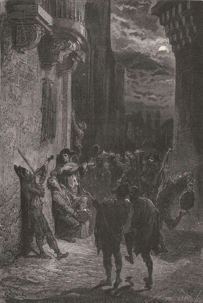 SPAIN. Students serenading 1881 old antique vintage print picture